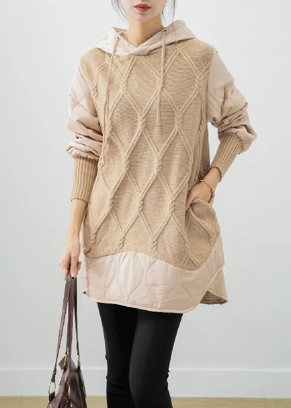 Beautiful Beige Hooded Patchwork Fine Cotton Filled Sweatshirt Dress Winter Hoodie with Full-Zip Functional Layering