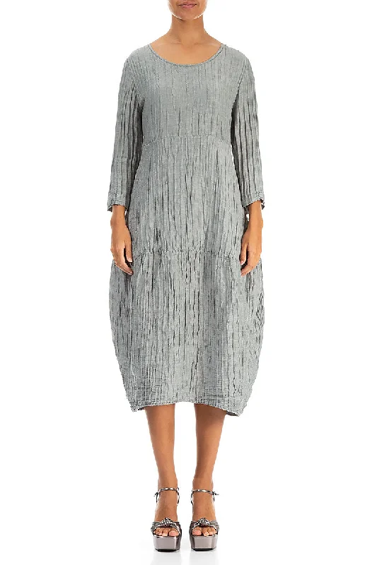 Balloon Crinkled Sage Silk Linen Dress A-Line Day Work