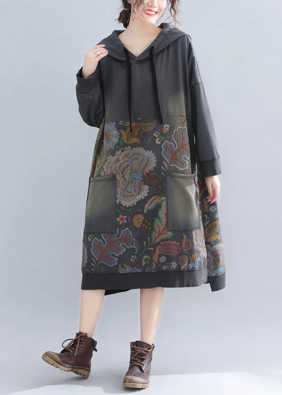 Grey Sweatshirt dresses Hooded drawstring pockets Spring Hoodie with Drawcord Adjustable Secure