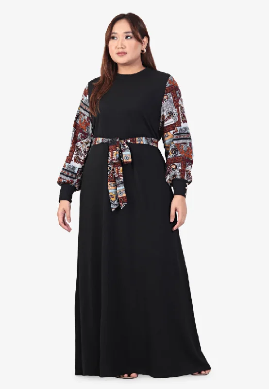 Rania Raya Printed Sleeves Ribbed Long Dress - Abstract Tunics Luxurious high-end