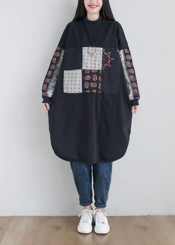 Black Print Cotton Sweatshirts Dress Oversized Side Open Spring Hoodie with Mock Neck Collared Structured