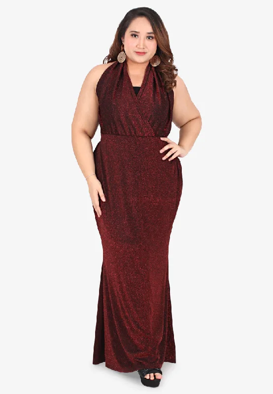 Crawford Glamorous Bareback Evening Dress - Red Halter Neckline Beach