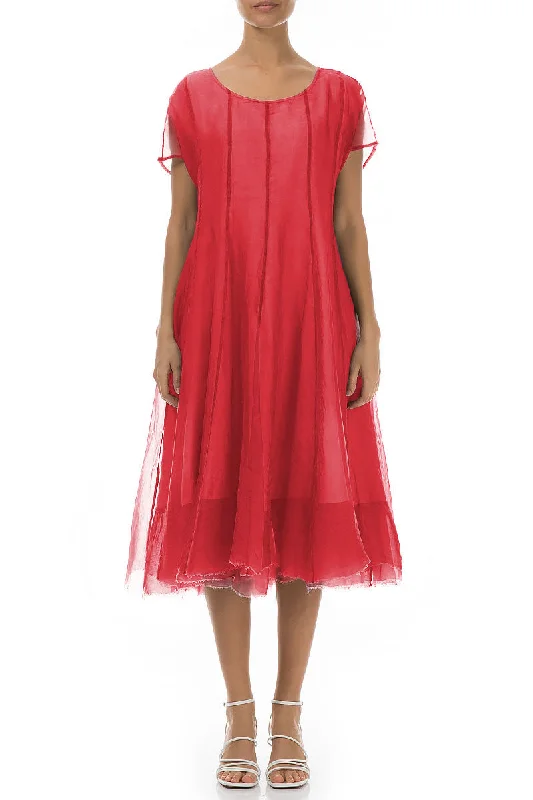 Flowy Poppy Red Silk Chiffon Dress Crew Neckline Sporty