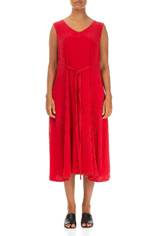Tie Up Poppy Red Linen Viscose Dress Crew Neckline Casual