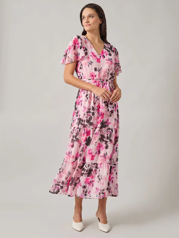 Petite Floral Tiered Dress, Printed Chiffon Halter Neckline Beach