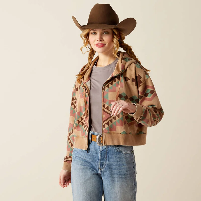 Ariat Women's Sunset Spark Geo Print Full Zip Cropped Hoodie 10053962 Hoodie with Hem Drawcord Adjustable Customizable
