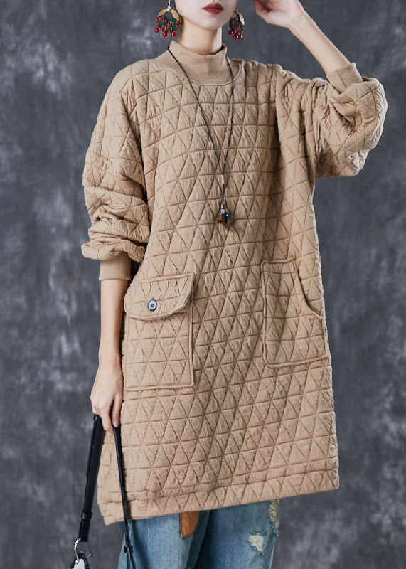 Casual Khaki Stand Collar Pockets Fine Cotton Filled Loose Sweatshirt Dress Winter Hoodie with High Neck Warm Protective