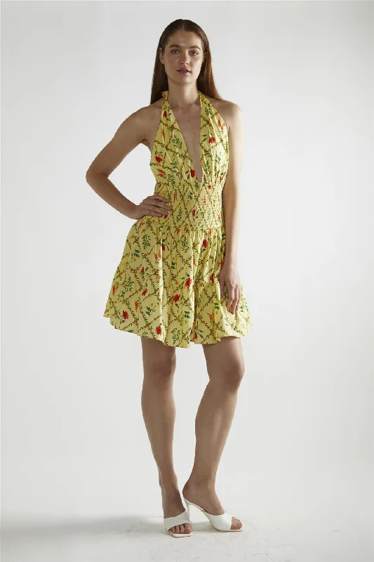 Yellow Floral-Lattice Halter-Neck Mini-Dress Tunics Trendy modern