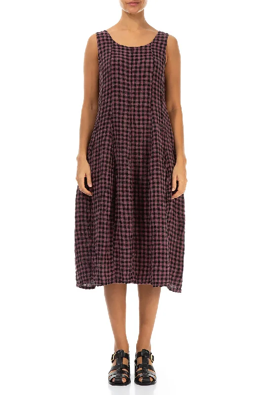 Sleeveless Balloon Mauve Taupe Check Linen Dress A-Line Day Work