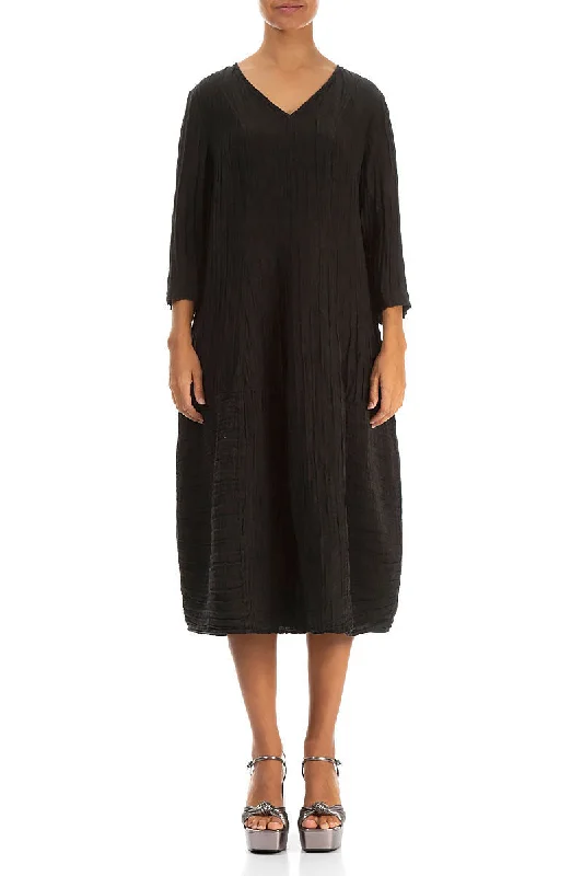 V-Neck Crinkled Black Silk Linen Dress Tunics Sophisticated sleek