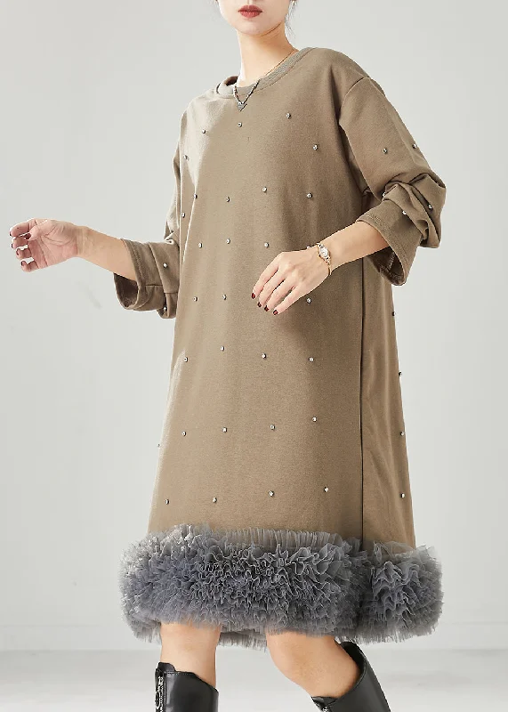 Khaki Patchwork Cotton Sweatshirts Dress Oversized Ruffled Spring Hoodie with Button Placket Classic Preppy