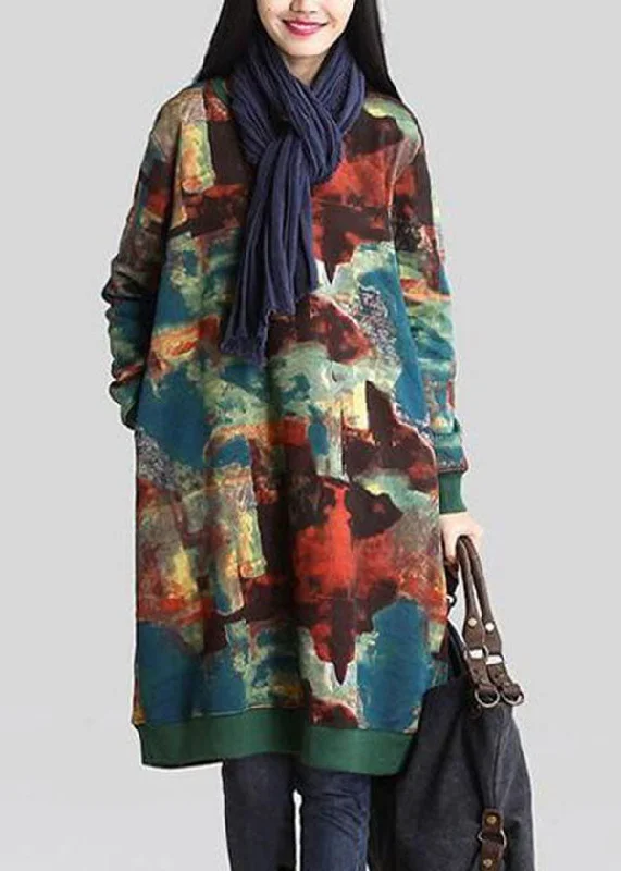 French Green O-Neck Print Warm Fleece Sweatshirts Dress Winter Hoodie with Hem Detail Decorative Unique