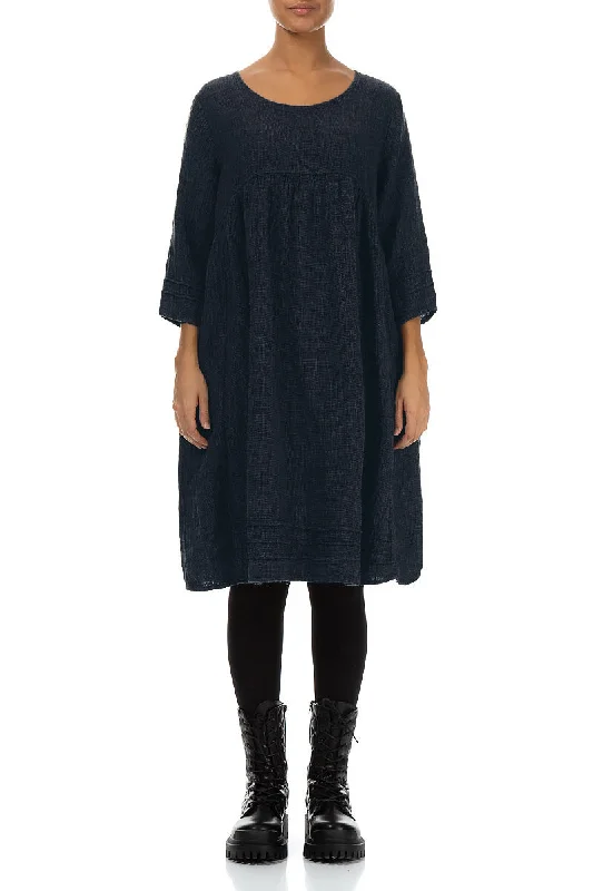 Midnight Blue Mélange Linen Smock Dress Tunics Lace romantic