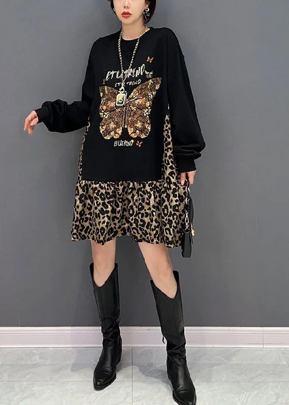 Style Black Oversized Patchwork Leopard Cotton Sweatshirt Dress Spring Hoodie with Belted Waist Structured Tailored