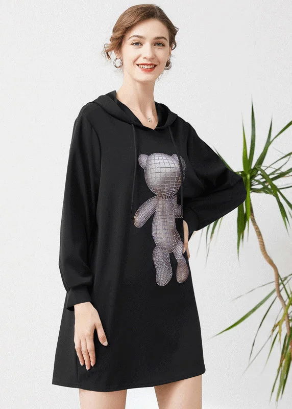 Fashion Black Hooded Print Cotton Sweatshirts Dress Spring Hoodie with Front Slit Layering Stylish