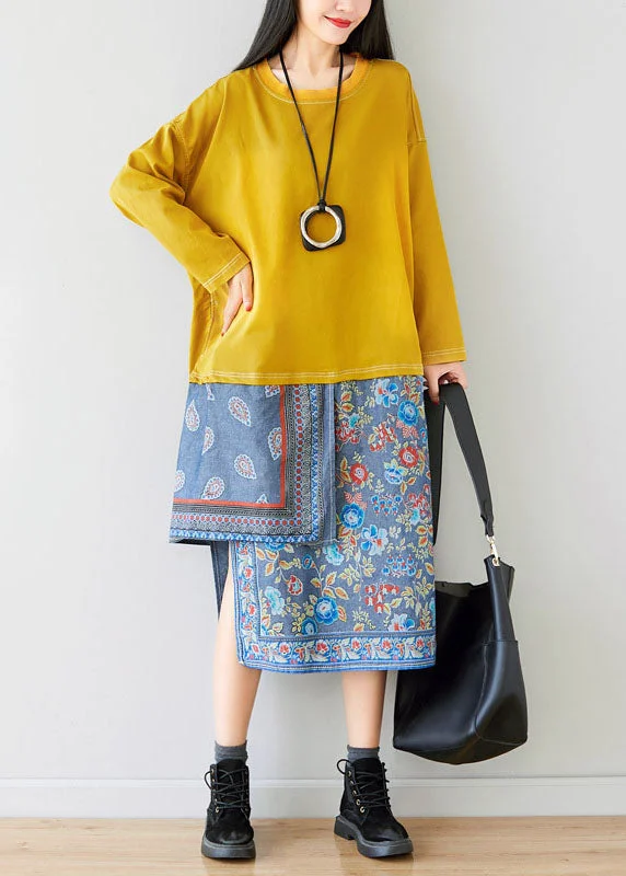 Loose Yellow O-Neck Asymmetrical Sweatshirt dresses Spring Hoodie with Sequins Glamorous Eye-catching