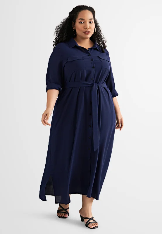 Treena Long Trench Style Button Dress Shirt Crew Neckline Casual