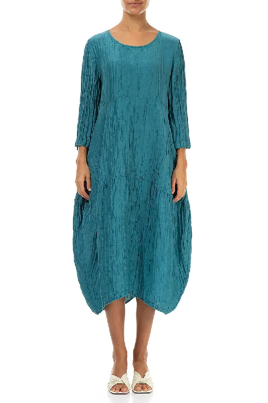 Balloon Crinkled Turquoise Silk Linen Dress Tunics Running lightweight