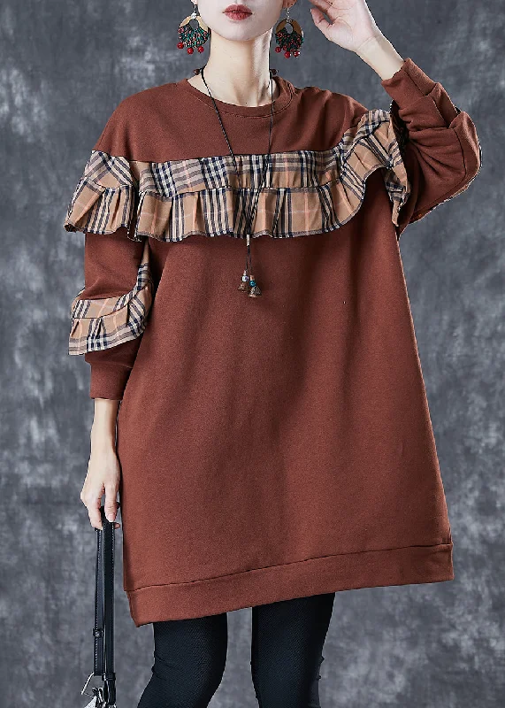 Plus Size Brown Ruffled Patchwork Cotton Sweatshirts Dress Fall Hoodie with Magnetic Closure Innovative Modern