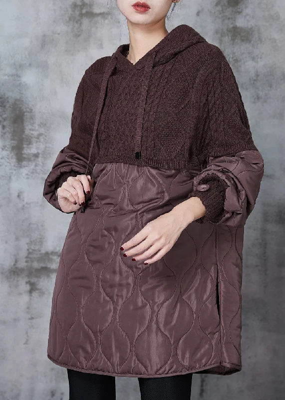 Organic Brown Hooded Patchwork Knit Sweatshirts Dress Spring Hoodie with V-Neck Classic Versatile