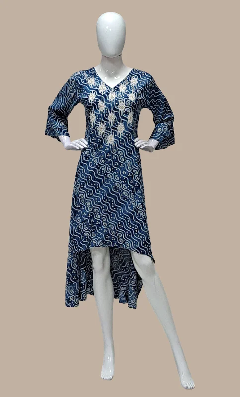 Deep Blue Printed Kurti Dress Tunics Evening elegant