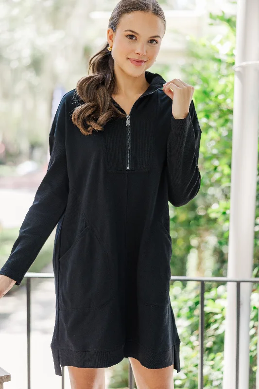 Couldn't Be Happier Black Sweatshirt Dress Cotton Hoodie Fleece Lining Warmth