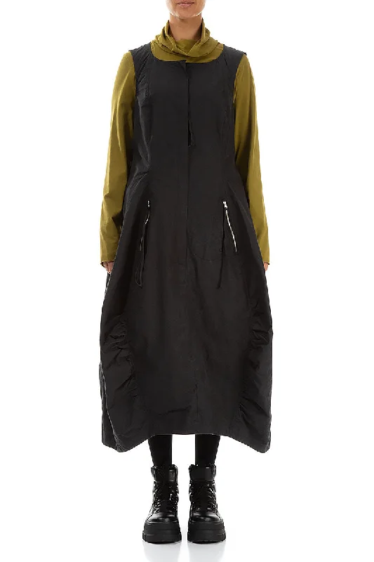 Zipped Pockets Black Cotton Pinafore Dress Tunics Silk luxurious