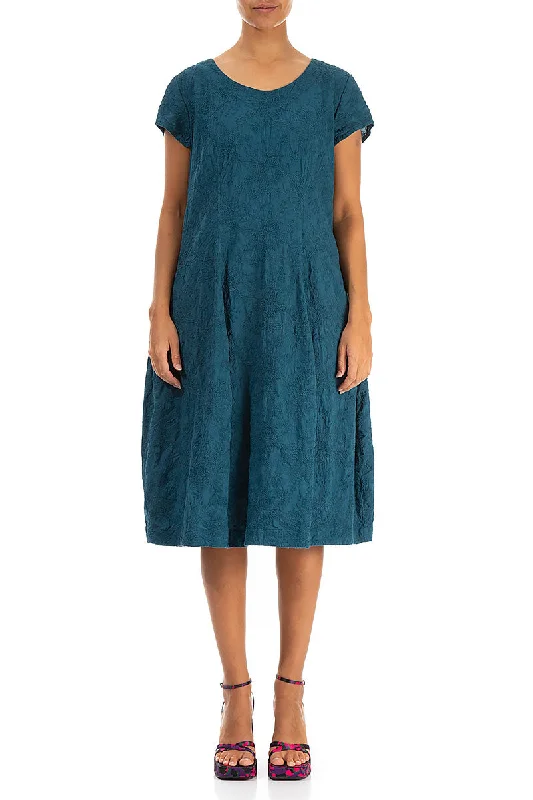 Embroidered Flowers Dark Teal Cotton Dress Tunics Sophisticated sleek