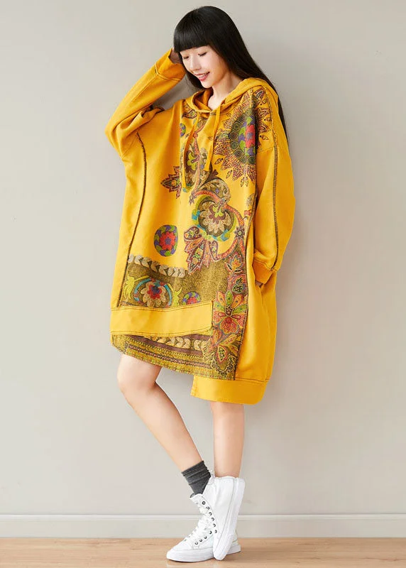 Casual Yellow drawstring Hooded Sweatshirts dresses Spring Hoodie with Applique Textured Unique