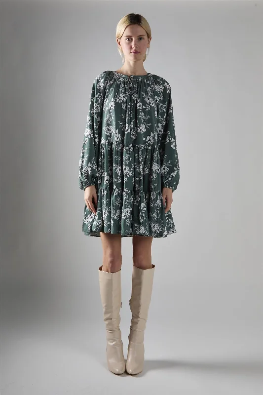 Khaki White Floral Poplin Tiered Mini-Dress Tunics Wedding white