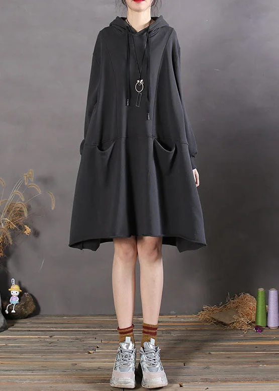 Women Black Hooded Patchwork Cotton Sweatshirts Spring dress Hoodie with Raw Hem Edgy Unfinished