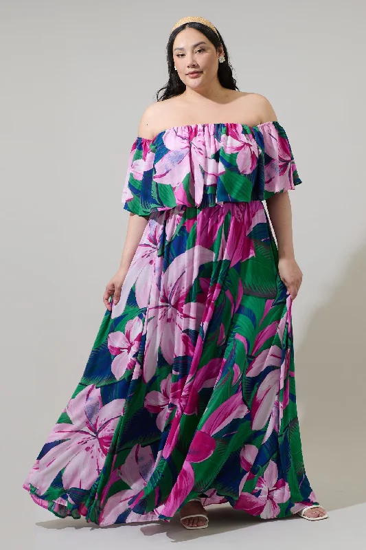 Ellerton Tropics Enamored Off the Shoulder Ruffle Dress Curve Tunics stripes playful