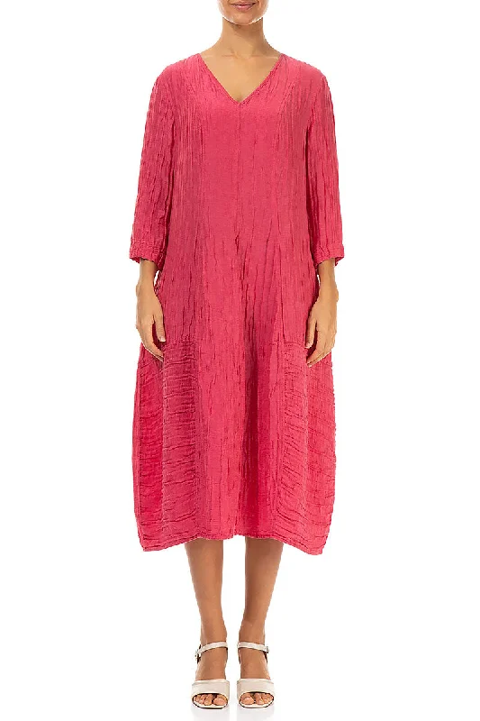 V-Neck Crinkled Raspberry Silk Linen Dress Tunics Exclusive limited