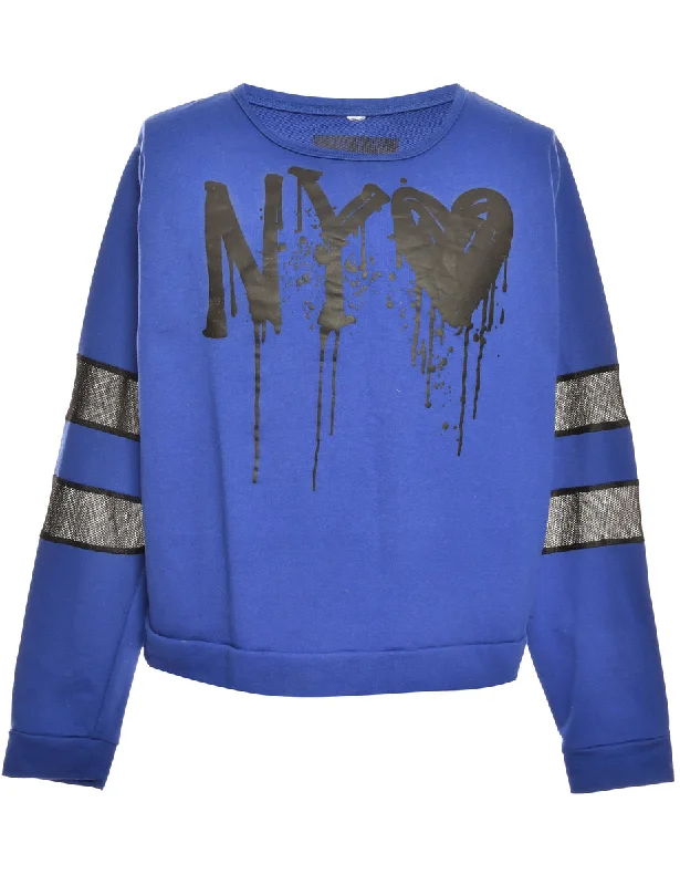 New York Blue Printed Sweatshirt - M Hoodie with Cropped Fit Short Trendy