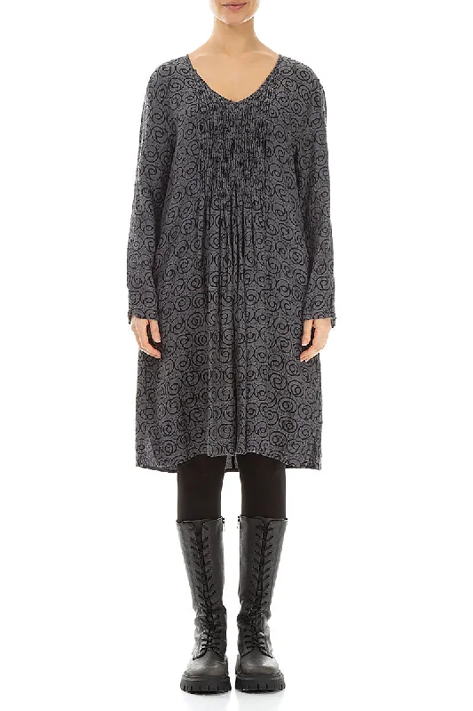 Ruched Patterned Midi Grey Silk Cotton Dress Turtleneck Neckline Stylish