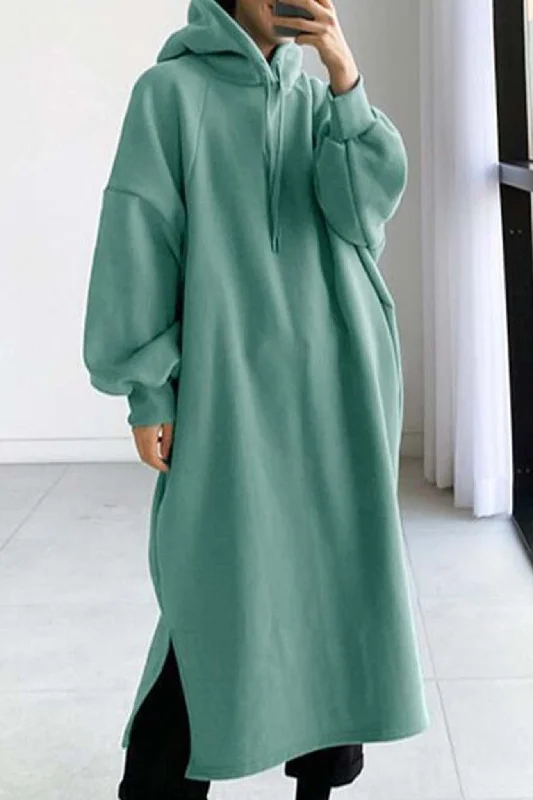 Drop Shoulder Hooded Sweatshirt Dress Hoodie with Back Slit Movement Comfort
