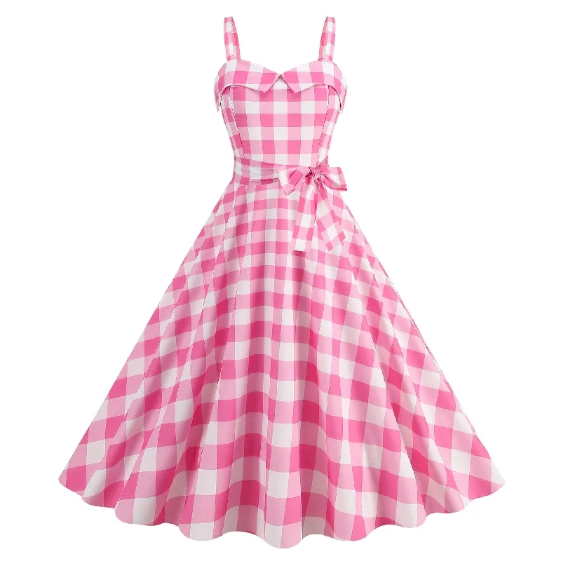 Barbie pink Dress -  with a pink plaid pattern 2023 - trendy Strapless Cocktail Rockabilly Party Swing Sweet Girls for cocktail parties and rockabilly events Boat Neckline Classic