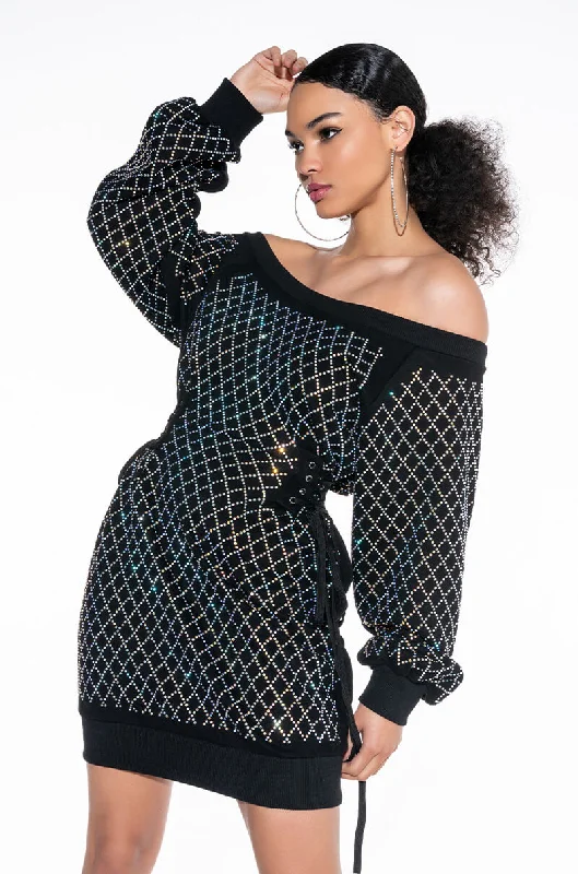 GOT IT GIRL RHINESTONE SWEATSHIRT DRESS Hoodie with Hem Ribbing Snug Secure
