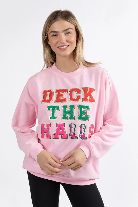 Deck The Halls Chenille Patch Light Pink Oversized Graphic Sweatshirt FINAL SALE Hoodie with Exposed Zipper Edgy Industrial