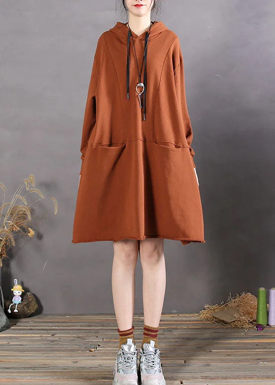 Art Caramel Asymmetrical Pockets Cotton Sweatshirts dress Spring Hoodie with Fur Luxurious Winter