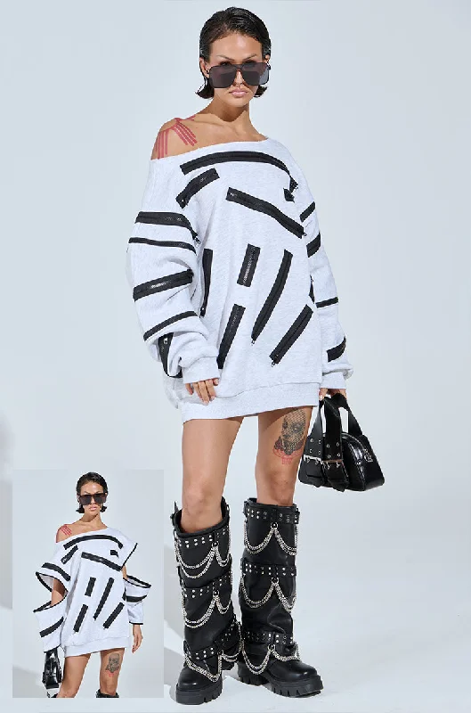 ZIP ZAP OFF THE SHOULDER SWEATSHIRT DRESS-GREY MULTI Hoodie with Rolled Sleeves Casual Relaxed