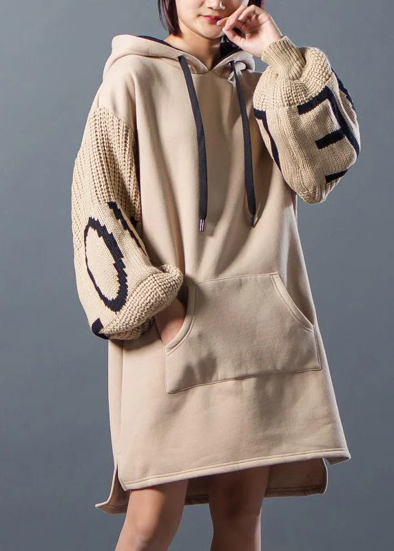 French Cotton tunic dressSweets Hoodies Drawstring Spliced Split Winter Dress Hoodie with Camouflage Military Edgy