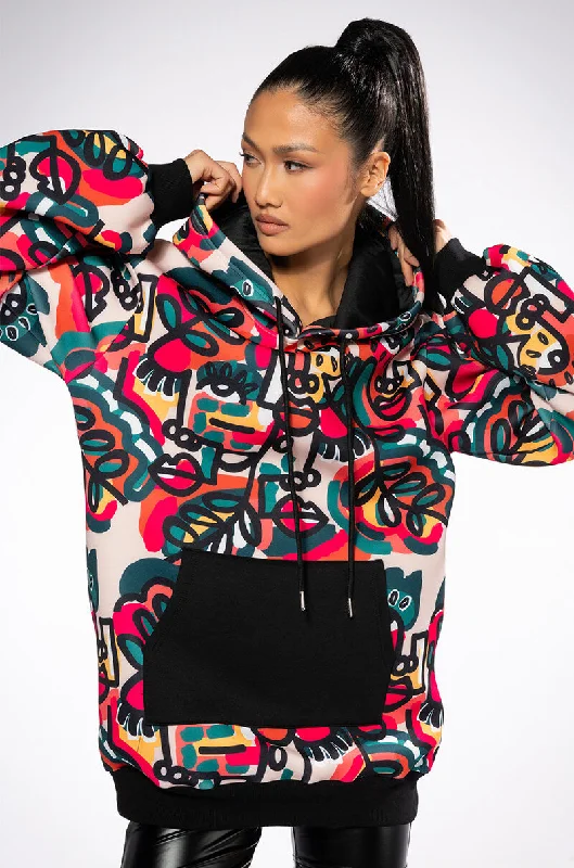 GO CRAZY PRINTED OVERSIZED HOODED SWEATSHIRT DRESS Hoodie with Oversized Fit Loose Comfortable