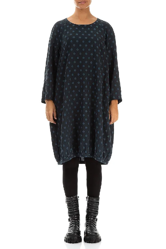 Dotty Midnight Blue Balloon Silk Dress Tunics Chinos classic
