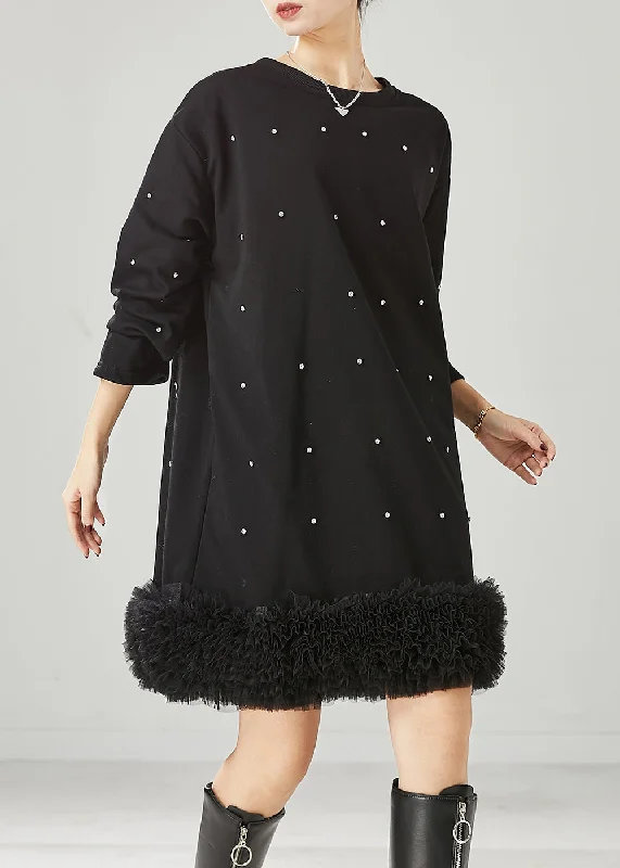 DIY Black Oversized Patchwork Ruffled Cotton Sweatshirt Dress Spring Hoodie with Zipper Placket Modern Functional