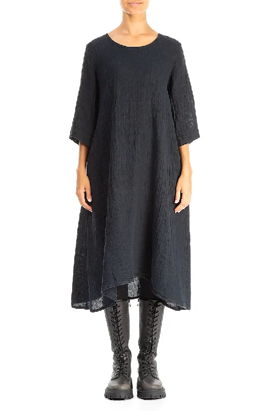 A-line Midnight Blue Mélange Linen Dress Tunics Plaid country