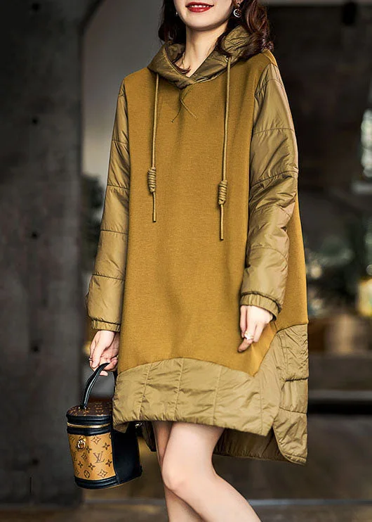 Diy Light Green Hooded Patchwork Fine Cotton Filled Sweatshirts Dress Winter Hoodie with Hem Fringe Bohemian Relaxed