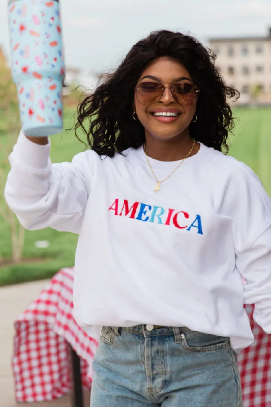 America Multi Embroidery White Oversized Graphic Sweatshirt FINAL SALE Hoodie with Button Classic Timeless