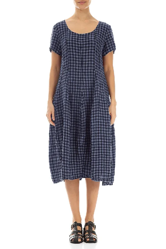 Short Sleeves Blue Nova Check Linen Dress Tunics Satin smooth