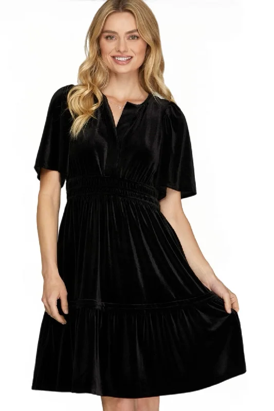 Split Neck Velvet Dress Style 7496 in Black Tunics Evening elegant